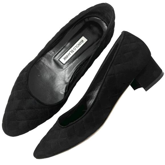 Manolo Blahnik Lisqui Quilted Suede Block Heel Pumps Black Size 39 US 9 - Picture 1 of 10